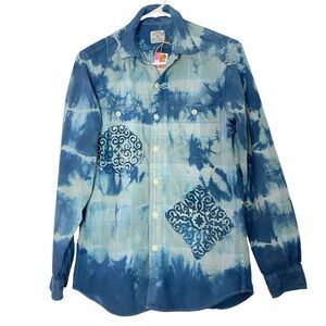 Upcycled Tie Dye Flannel Shirt Mens Size XS Plaid Button Down Handmade Blue Top